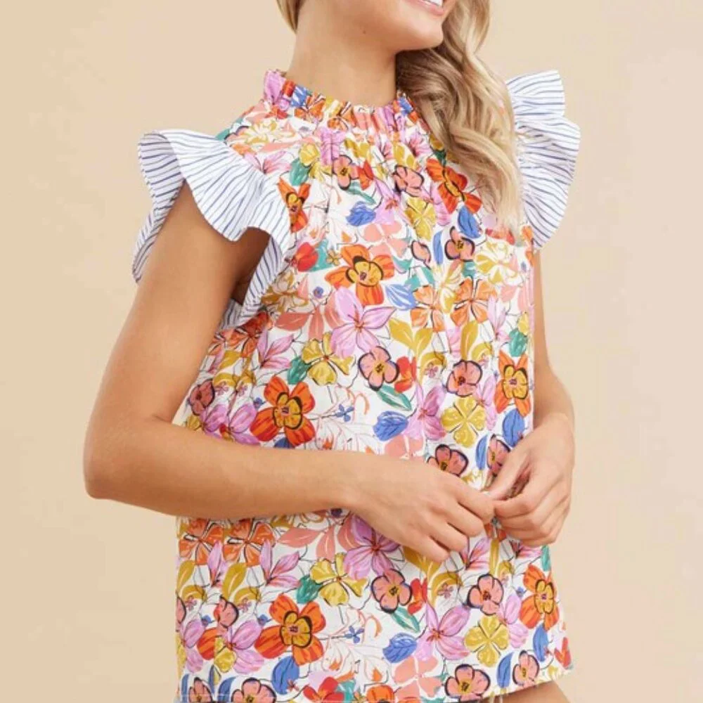 Spring Floral & Strip Contrast Top - Picture 2 of 5